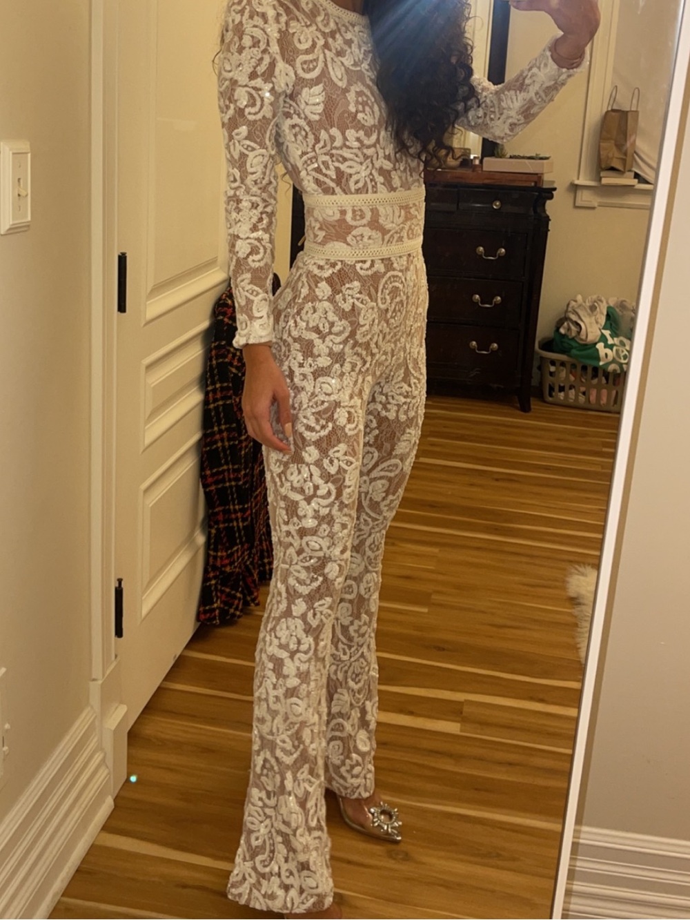 NADINE MERABI White Lace Long-Sleeve Sheath Gown - Picture 2 of 4